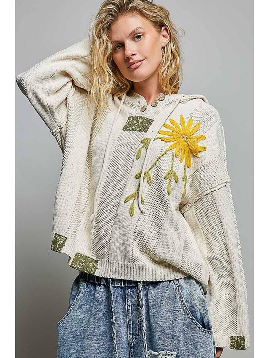 POL Tops - POL Cream Sunflower Embroidered Oversized Knit Boho Hoodie